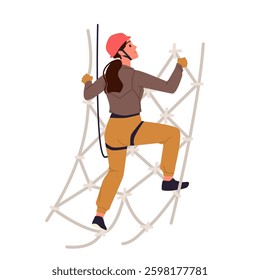 Girl climbing up net obstacle in rope park, extreme challenge. Active outdoor adventure and discipline training of young woman wearing safety harness belt and helmet cartoon vector illustration