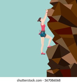 Girl  Is  Climbing On A Mountain.Cartoon Vector Illustration. Side View.