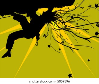 girl climbing on the rock on sunset background with nature hair - vector -