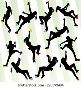 Girl climbing rock wall set vector background concept