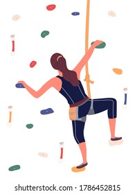 Girl is climbing in climbing room, bouldering, a woman is hanging on rope, crawling along grabs. Indoor sport activity. Sports wall with grabs, doing bouldering. Flat vector illustration on white
