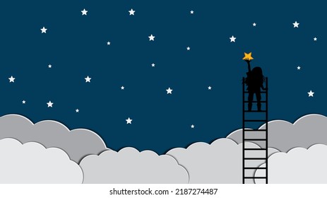 chica subiendo las escaleras agarrando las estrellas del cielo. Ilustración del vector