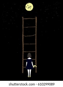 The girl climbs the ladder to get to the moon