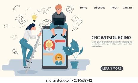A girl climbs a ladder to a phone on which a guy is sitting with a laptop, a crowdsourcing concept, an illustration in a flat style, for the design of web pages and websites