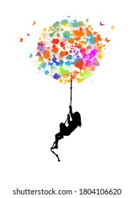 The girl climbs up the rope. Vector illustration. Never give up.