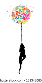The girl climbs up the rope. Vector illustration. Never give up.