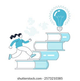 Girl climbs stacks of books to her goal. Student runs up steps towards light bulb. Education, studies concept