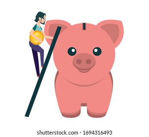 Girl climbs the stairs to a large piggy Bank to put a coin in it. Home savings and investment money. Financial Planning. Safe, cost-effective strategy. The concept of the Deposit.
