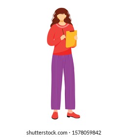 Girl with clipboard and pen flat vector illustration. Writing down lecture details. Documenting and describing. Woman with written notes isolated cartoon character on white background