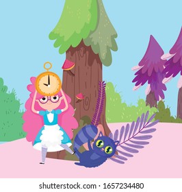 niña con árboles de relojes y gatos en la ilustración de un maravilloso vector