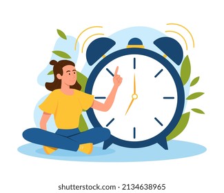 Girl with clock. Woman translates time, responsible character. Poster or banner for website, alarm clock. Lady woke up in morning, happy person in lotus pose. Cartoon flat vector illustration