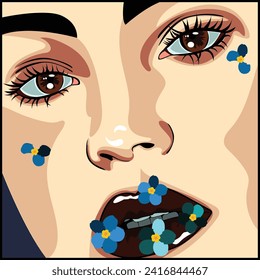 girl close up face with little blue flowers on the lips vector