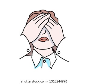 Girl close her face with hands. Hide and seek game in hand drawn style. illustration in doodle style