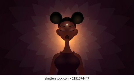 Girl with closed eyes and afro hairstyle meditates