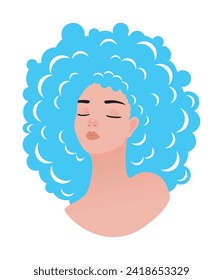 Girl with closed eyes and a cloud on her head in the form of hair on a white background