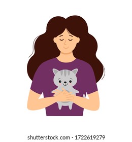 Girl with closed eyes gently hugs a cute cat. Vector. Flat cartoon style.