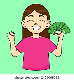 Girl with closed eyes joyfully clenches fist in the air and holds cash, celebrates success