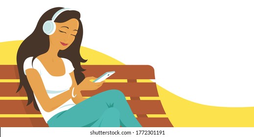 A girl with closed eyes listens with pleasure to music on headphones. Sits on a street bench. Vector illustration banner.
