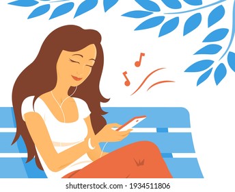 A girl with closed eyes listens with pleasure to music on headphones. Sits on a street bench. Vector cartoon illustration