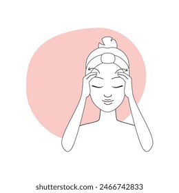 Girl with closed eyes massaging skin of forehead in everyday routine line icon vector illustration