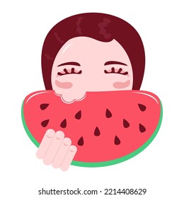 girl with closed eyes, person holding a slice of watermelon in his hand, smiling, sticker, isolated illustration