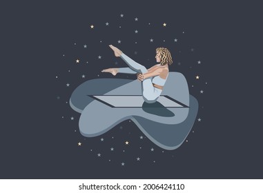 A girl with closed eyes practices yoga on a rug against the background of the night sky with stars. Vector illustration.