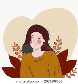 a girl with closed eyes and a smile on the background of autumn leaves