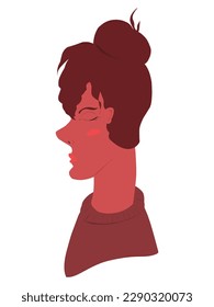  Girl with closed eyes, stands in profile, with a bun on her head and in a sweater, a flat hand-drawn illustration