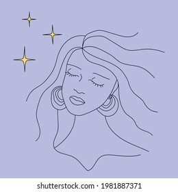 Niña con ojos cerrados y estrellas con estilo doodle. El concepto de minimalismo. Estilo de dibujo de líneas. Silueta contemporánea de mujer. Afiches vectoriales de moda dibujados a mano, ilustraciones para imprimir.