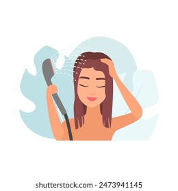 Girl with closed eyes washing hair from shower head, daily hygiene routine vector illustration