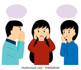 The girl closing her ears from her friends that talking about gossip, rumor, secret or fake news. Woman can not stand to listen whispering from her friends cartoon vector