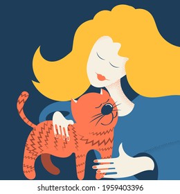 the girl, closing her eyes, strokes the cat. cute impressionist postcard. author's work. vector