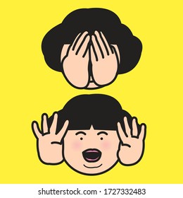 Girl Closing Her Face And Playing Peekaboo Or Hide And Seek Isolated On Yellow Background Concept Card Character illustration