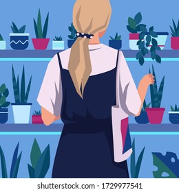 Girl with a cloth bag at home plants store vector illustration