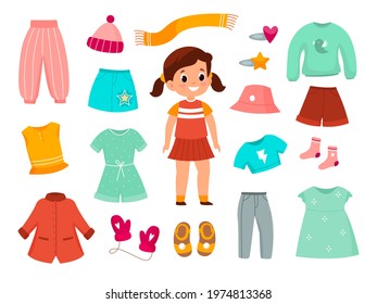 Girl clothes. Childish female fashionable apparel collection, different type of casual wear, color kids dresses, skirts trousers and outerwear. Childhood fashion collection vector cartoon set