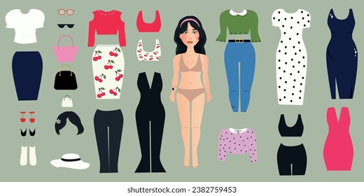 Girl clothes. Little funny character with garments. Paper doll for children play. Fashionable constructor. Seasonal jackets and coats. Dresses and shoes.