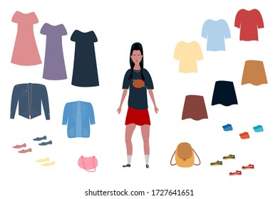 Girl clothes set in hipster style on white background. Modern colorful flat illustration vector.  Trendy set design of different summer and autumn clothes.  
City life style woman.