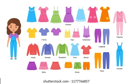 Girl clothes. Vector clothing. Cartoon female character paper doll with casual cloths set isolated on white background. Illustration of children dresses, pants, skirts, shorts, knitwear, blouse.