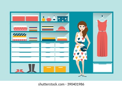 Girl in Clothing store. Boutique indoor. Flat design vector illustration.