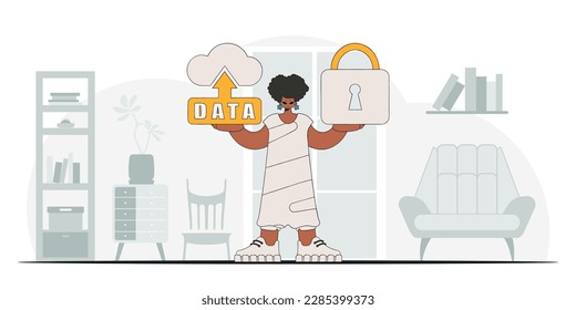 Niña con acceso en la nube, seguridad de candado. carácter vector moderno.