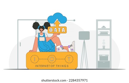 Niña con datos en la nube en sus manos, personaje contemporáneo en arte vectorial.