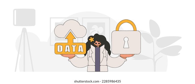 .Girl with cloud security and lock, trendy vector art style.