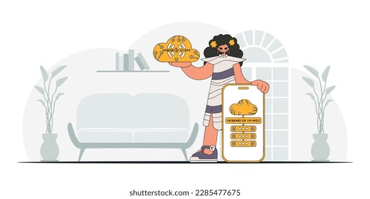 Niña con dispositivo de almacenamiento en la nube, ilustración vectorial moderna.