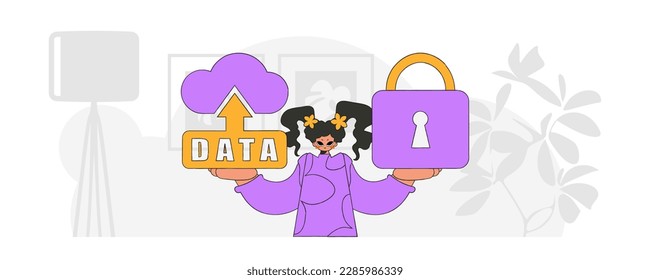 Niña con icono de almacenamiento en la nube y candado, estilo de carácter vector moderno.