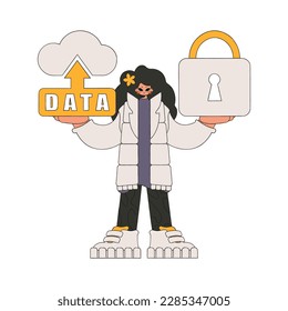 Girl with cloud storage and padlock guarding her secrets.