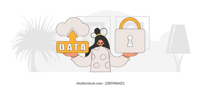 Girl with cloud storage padlock icon modern vector character style.