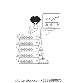 Mädchen mit einem Cloud-Speicher-Server für das Internet der Dinge, im Stil der Vektorgrafik