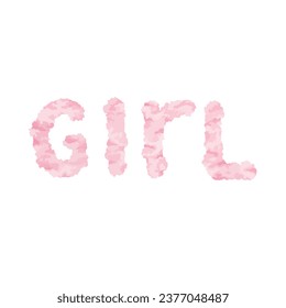 Girl cloud word Vector illustration. Hand drawn pink children's font on white isolated background. Watercolor drawing of fluffy baby type. For greeting cards and invitations for gender reveal party