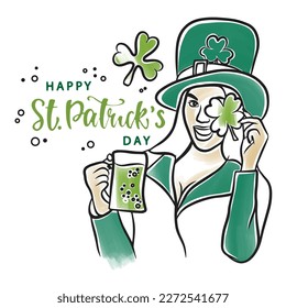 Girl with clover and glass of beer, holiday card, Happy Saint Patricks Day, leprechaun hat, doodle illustration