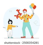 Girl at clown show. Man with red nose makes animals out of balloons and gives them to child. Circus performance and festival. Entertainment and fun for children. Linear vector illustration